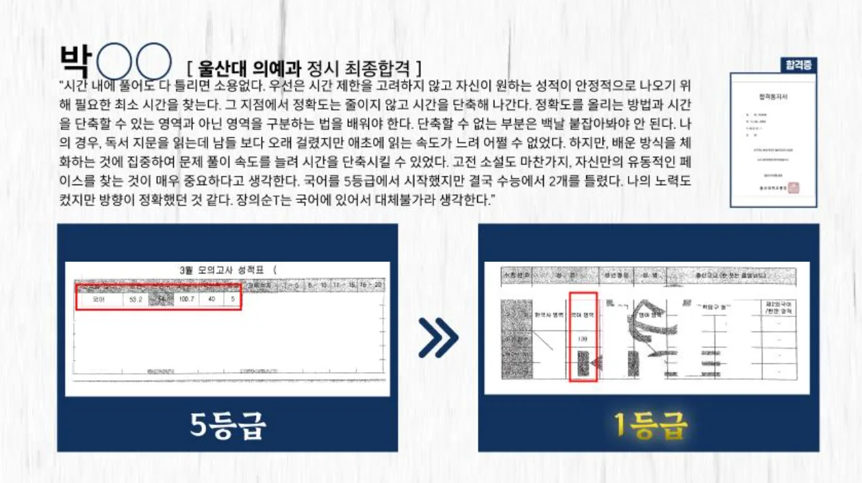 실제 수강생 성적 변화 성적표 — 수기 기록